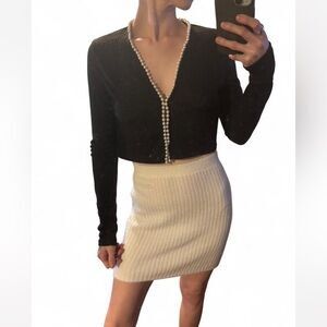 Black Ribbed Pearl-Trim Cropped Cardigan and Ribbed White Skirt Bundle